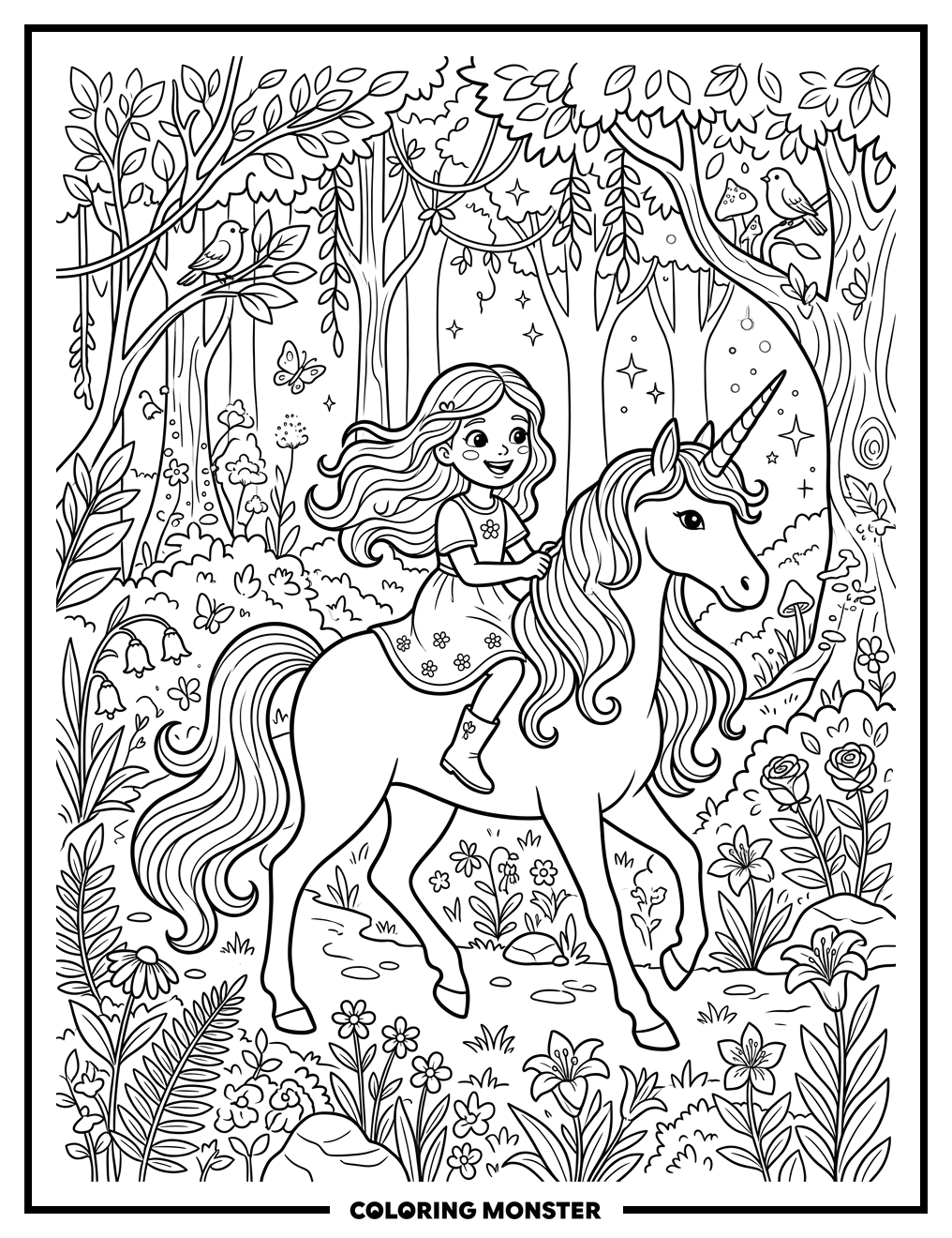 Girl Riding Unicorn in Magical Forest Coloring Page
