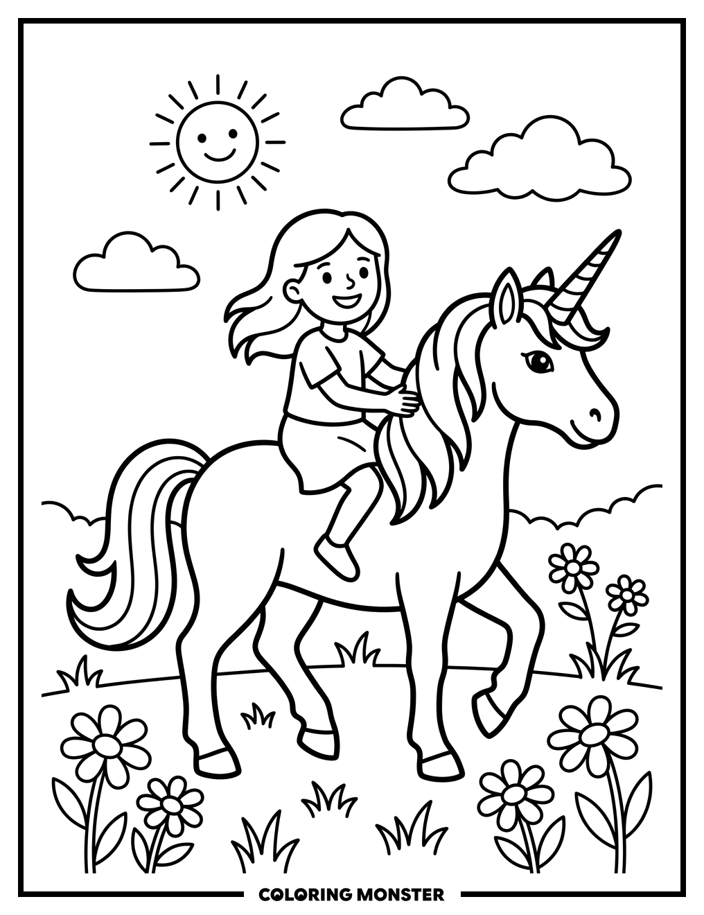 Girl Riding Unicorn in Meadow Coloring Page