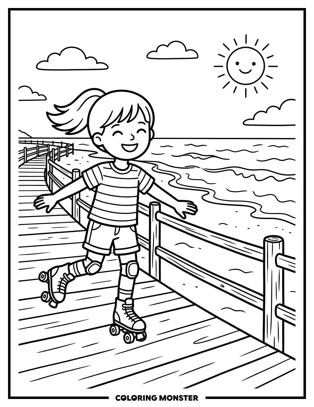 Girl Roller Skating by the Beach Coloring Page
