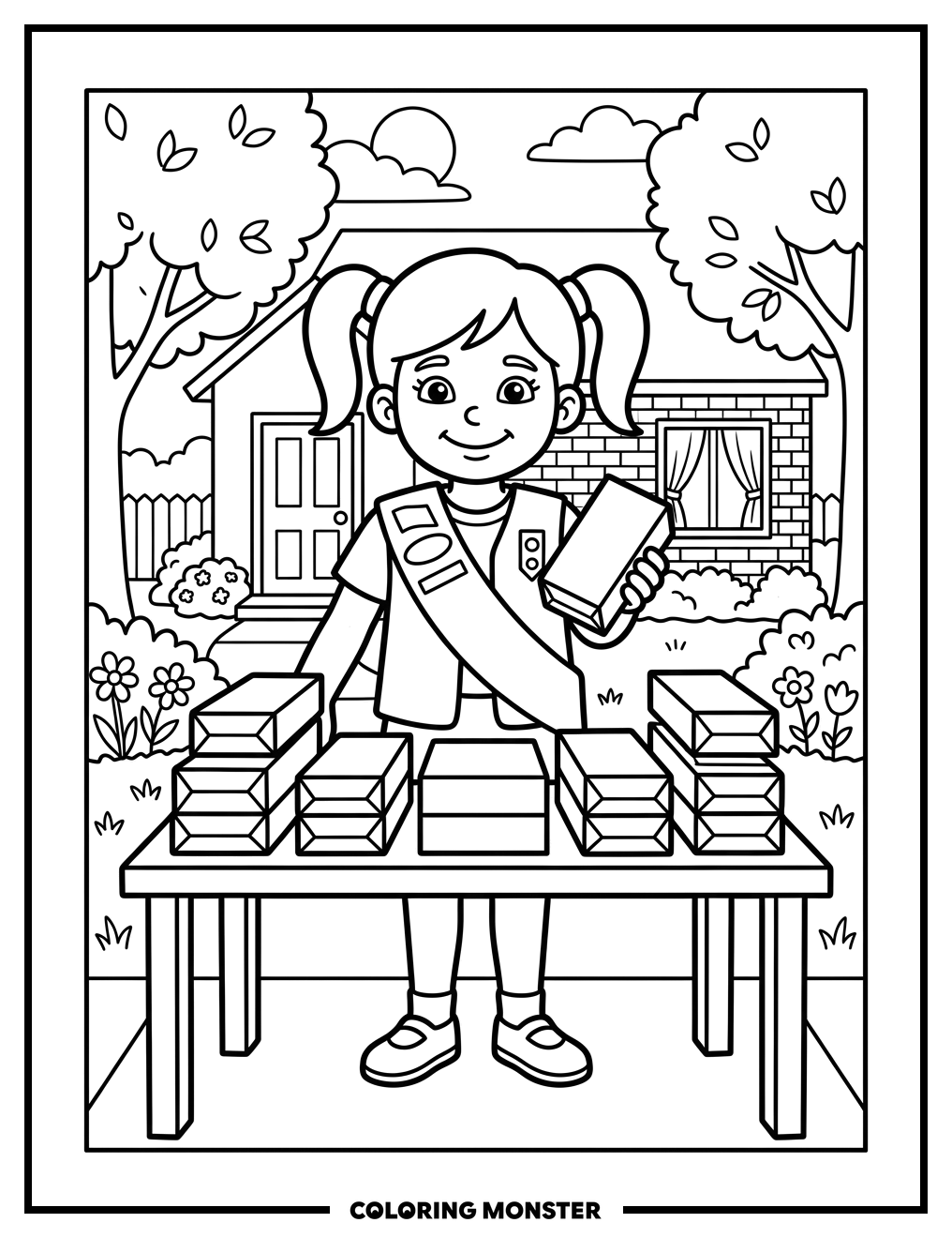 Girl Scout Daisy With Cookies Coloring Page