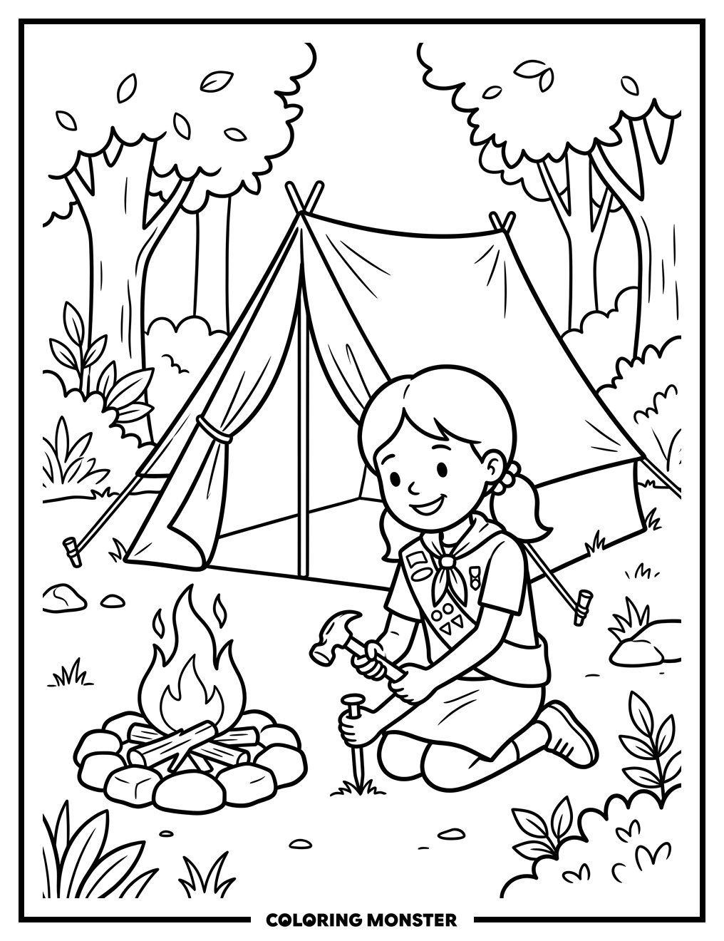 Girl Scout Setting Up Camp Coloring Page