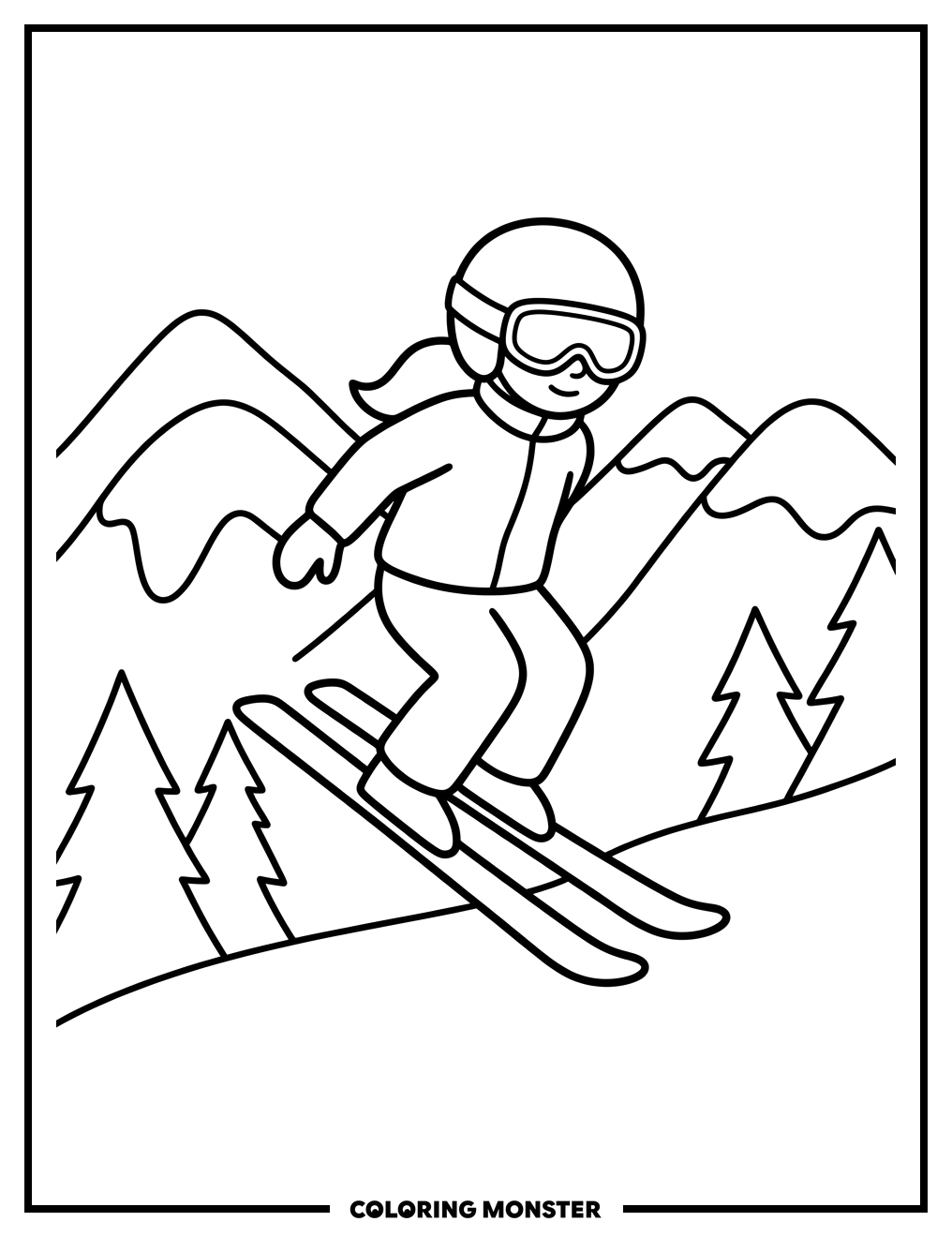 Girl Skier Mid-Air Jump Coloring Page