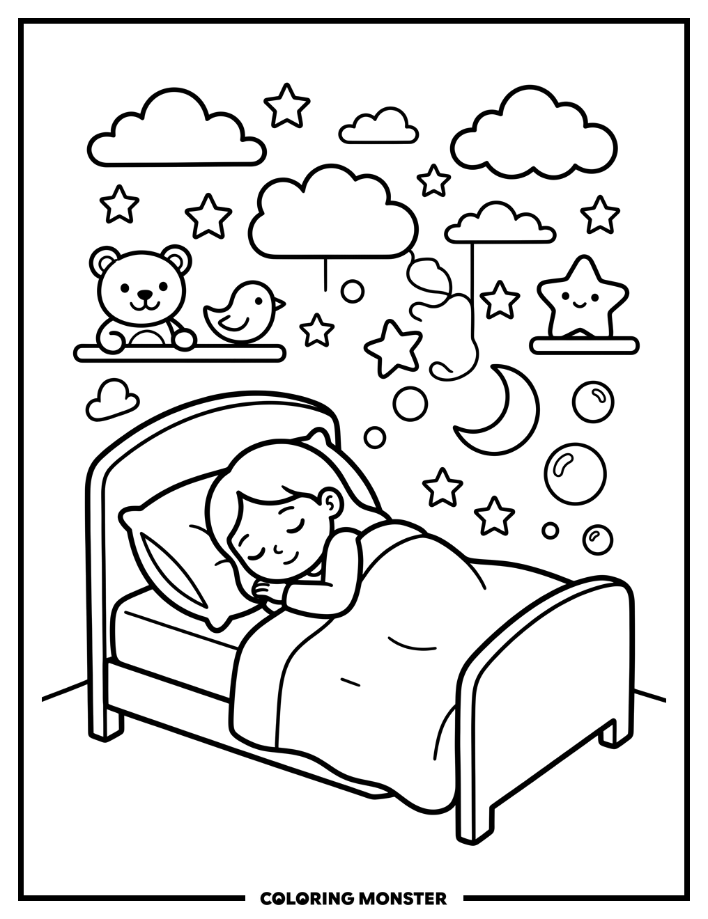 Girl Sleeping Among Dreamy Clouds Coloring Page