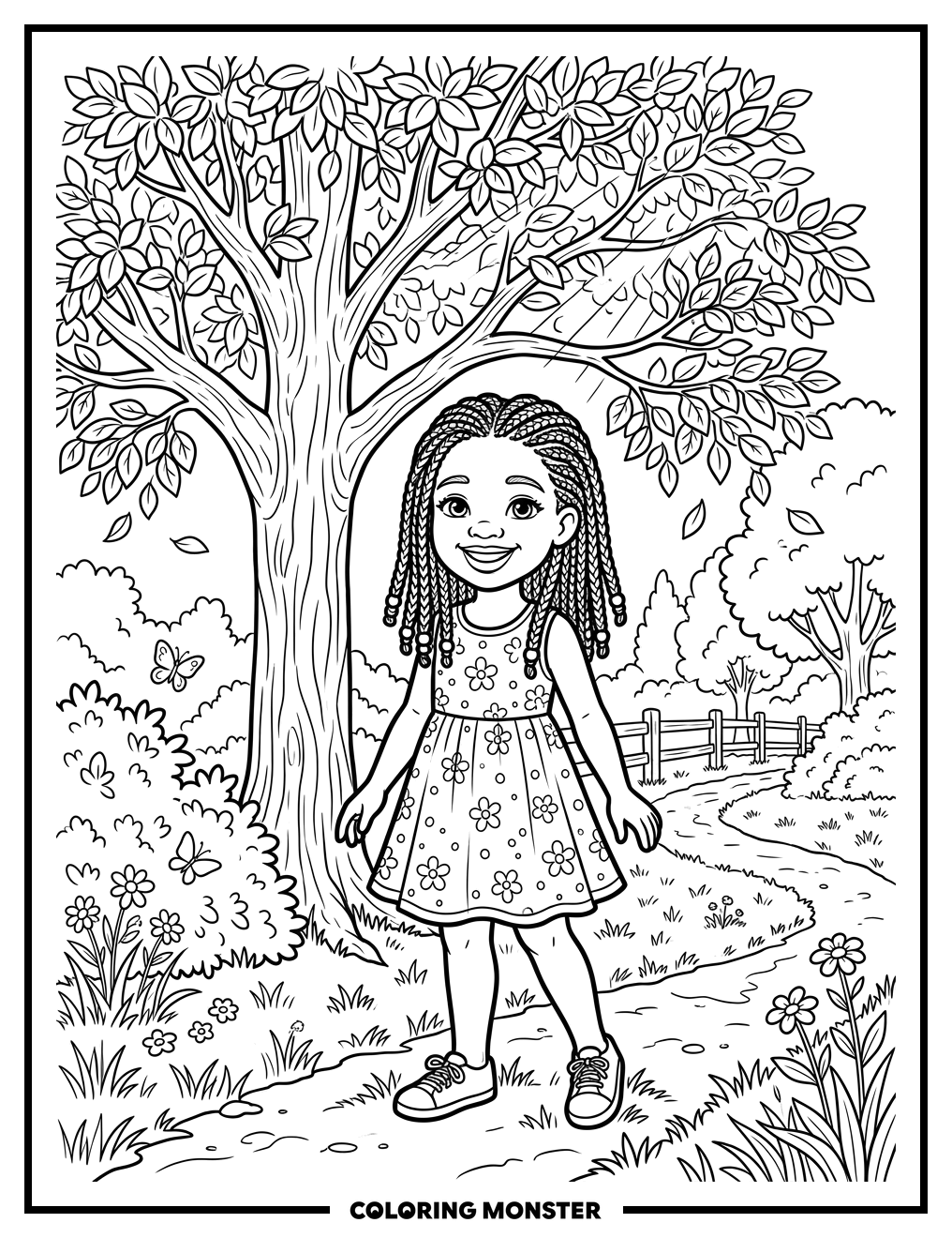 Girl Smiling in Park Under Tree Coloring Page