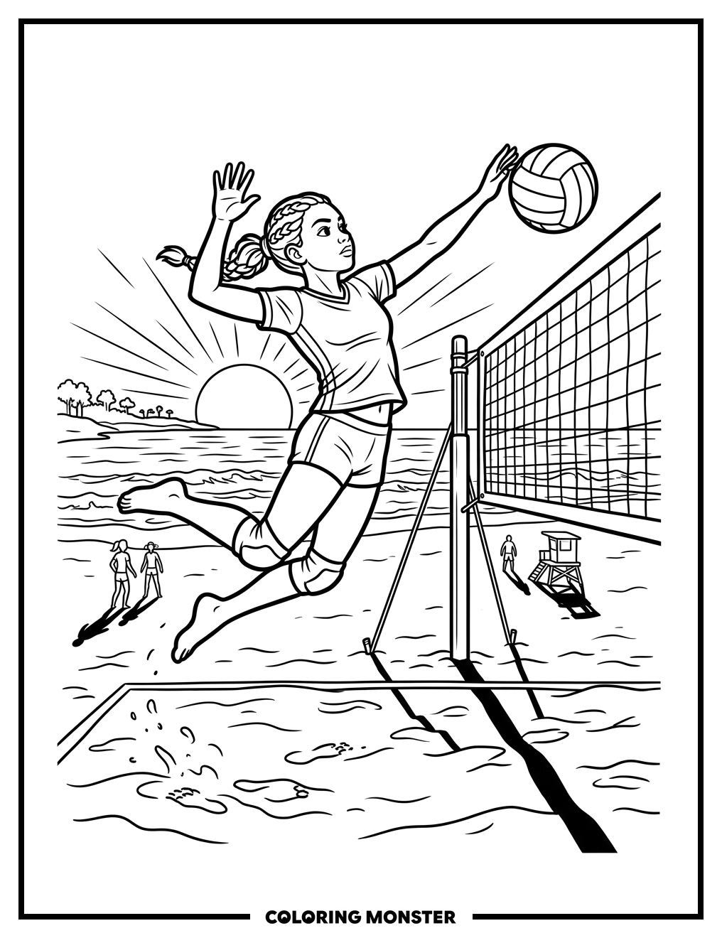Girl Spiking Volleyball on Beach Coloring Page