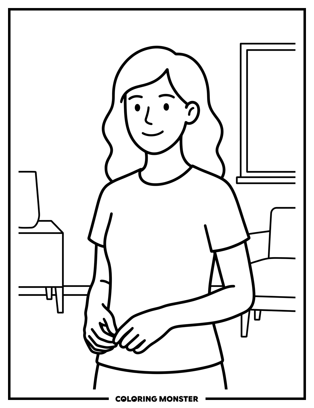 Girl Standing and Smiling Coloring Page