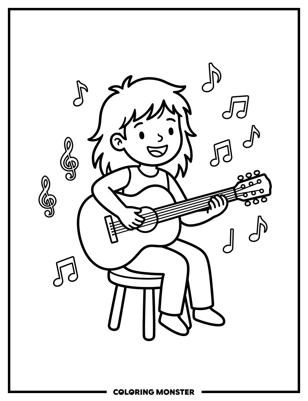 Girl Strumming Guitar Coloring Page