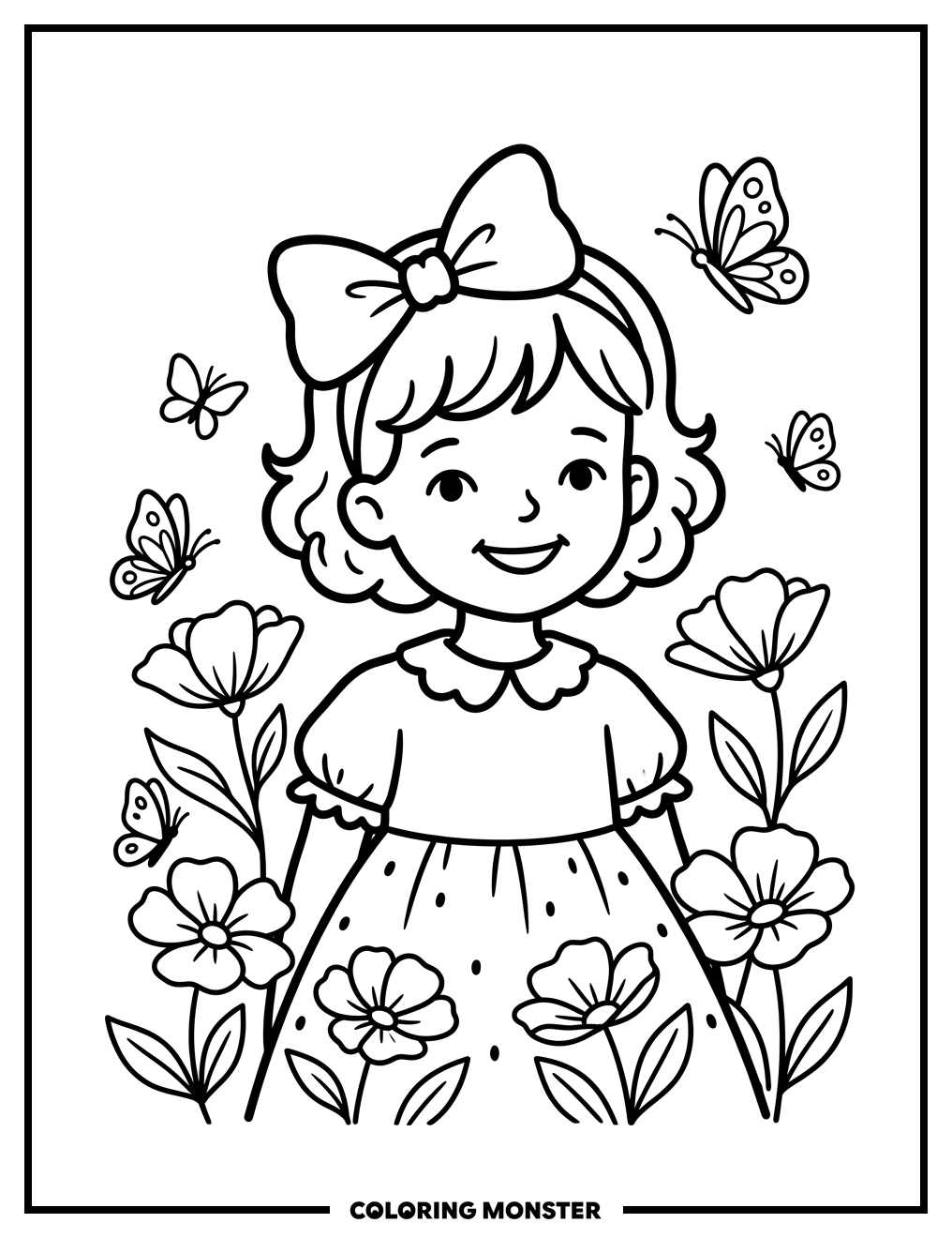 Girl Surrounded by Flowers and Butterflies Coloring Page