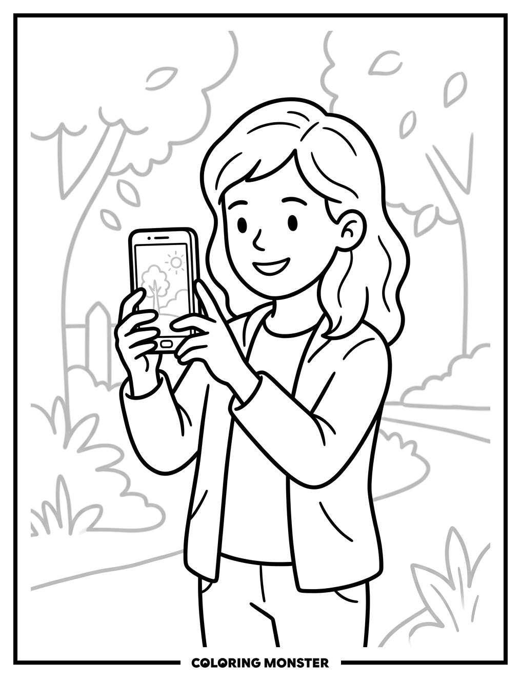 Girl Takes Photo With Smartphone Coloring Page
