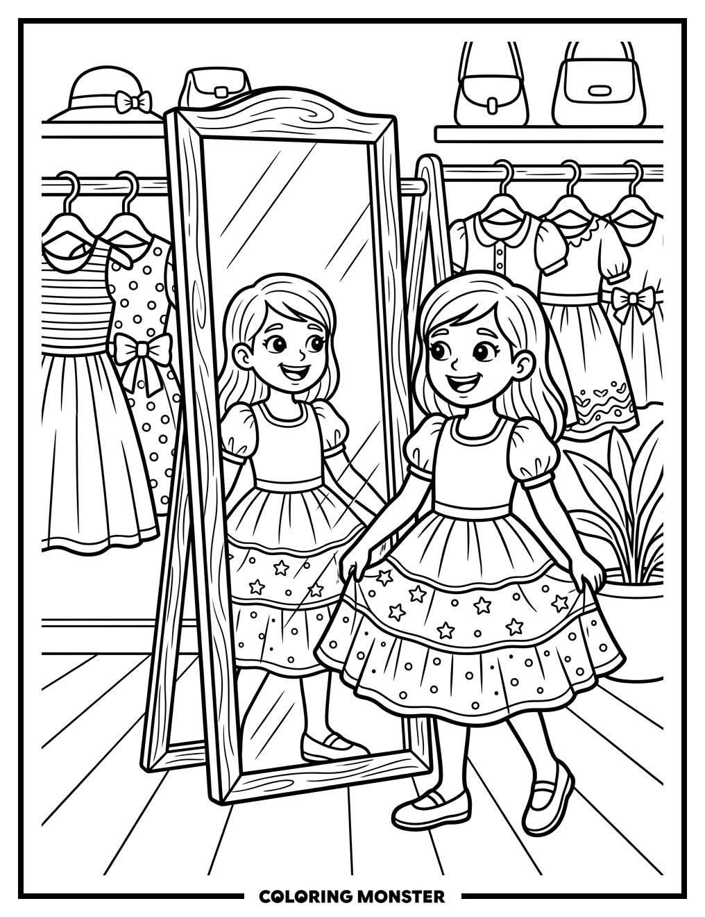 Girl Trying On Dresses Coloring Page