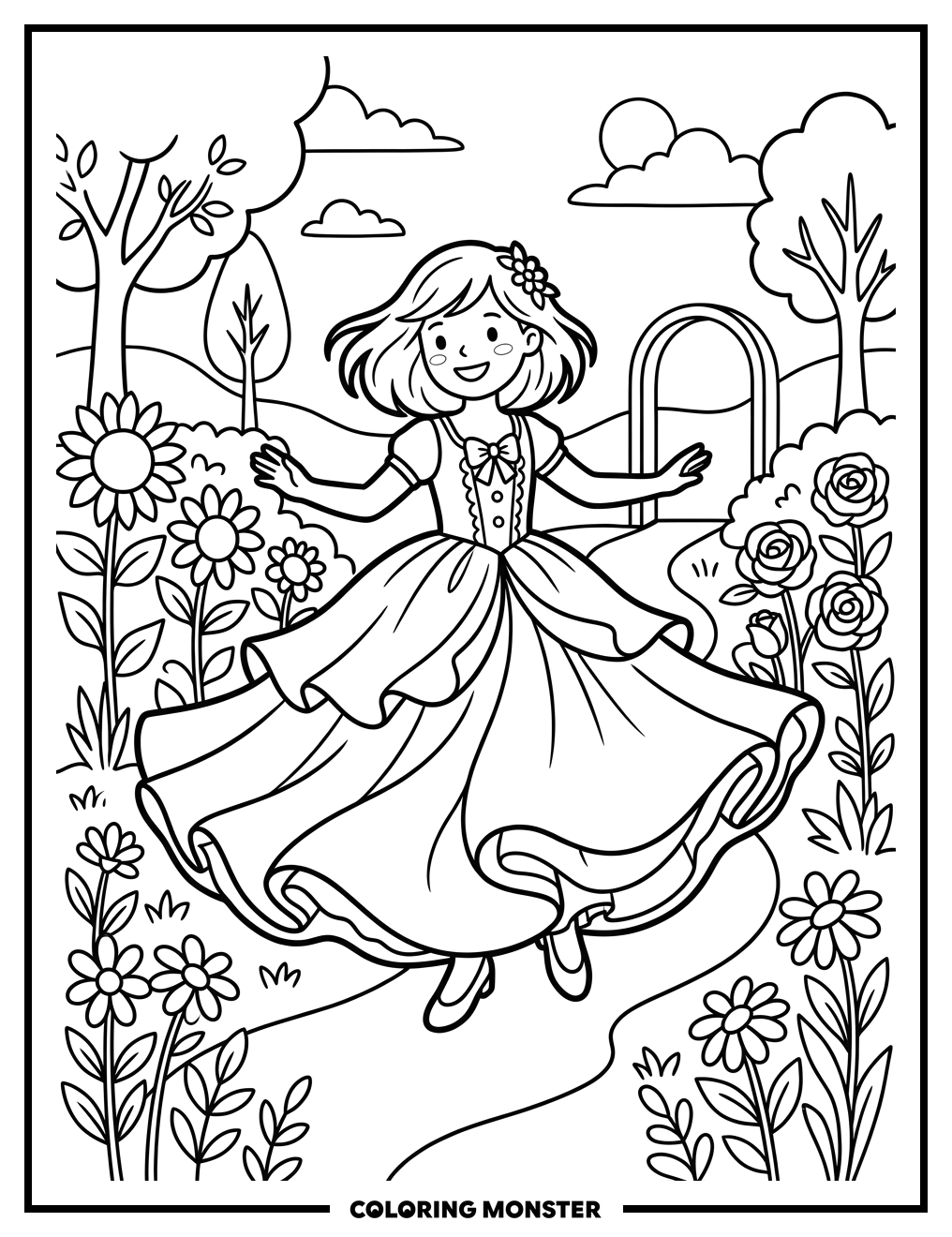 Girl Twirling in Garden Ball Gown Coloring Page