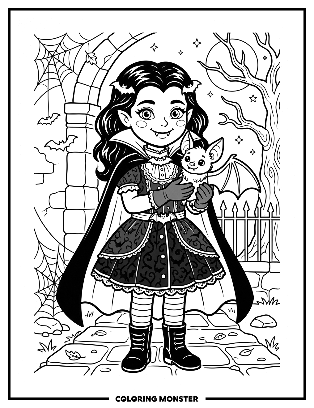 Girl Vampire With Friendly Bat Coloring Page