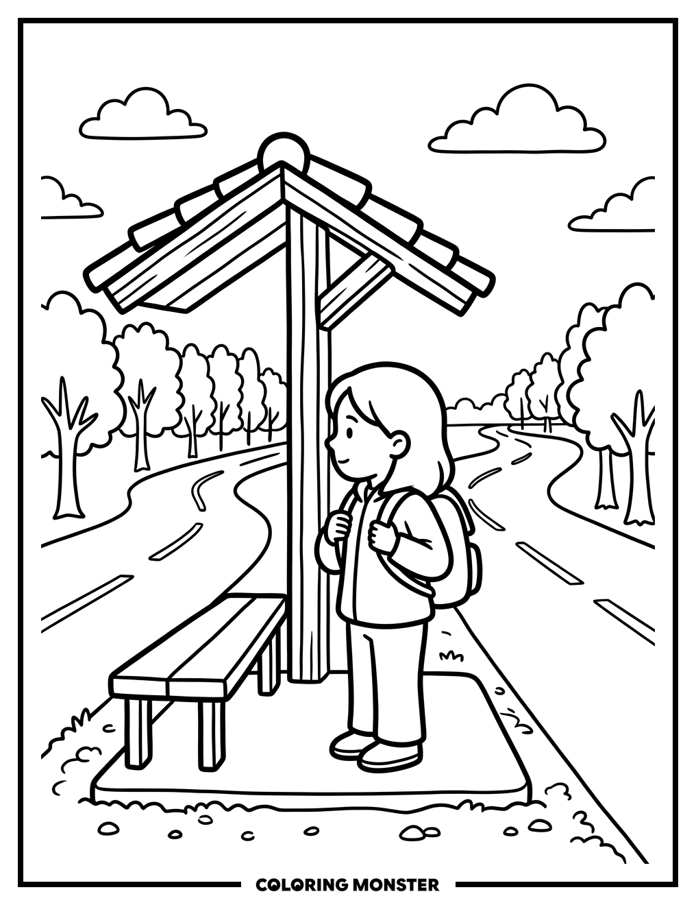 Girl Waiting At Bus Stop Coloring Page
