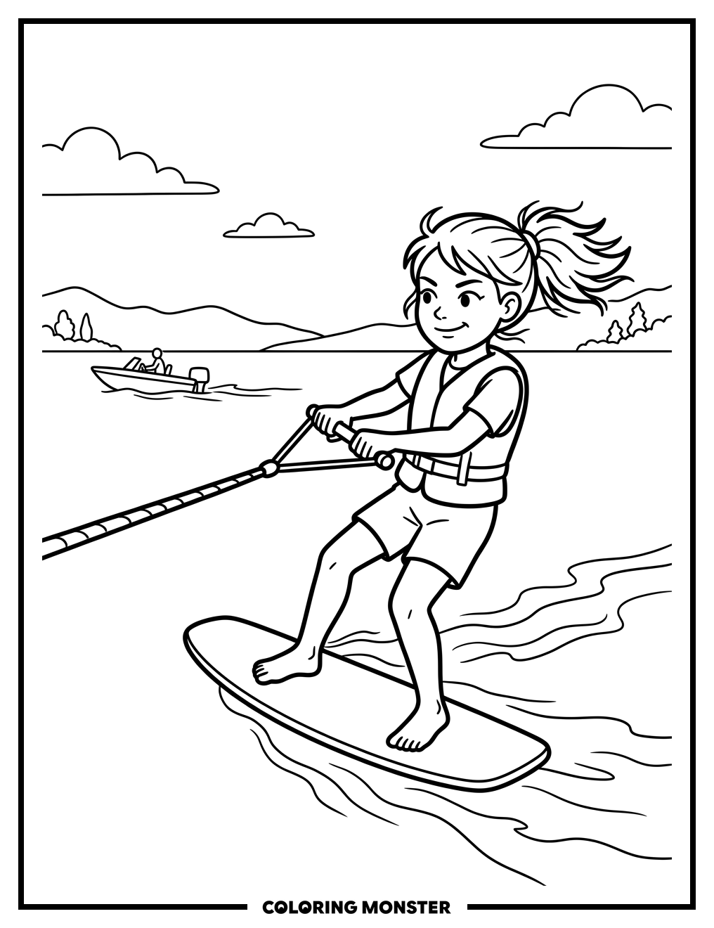 Girl Wakeboarding Coloring Page