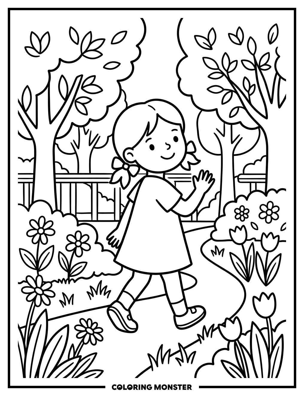 Girl Walking Backward in Park Coloring Page