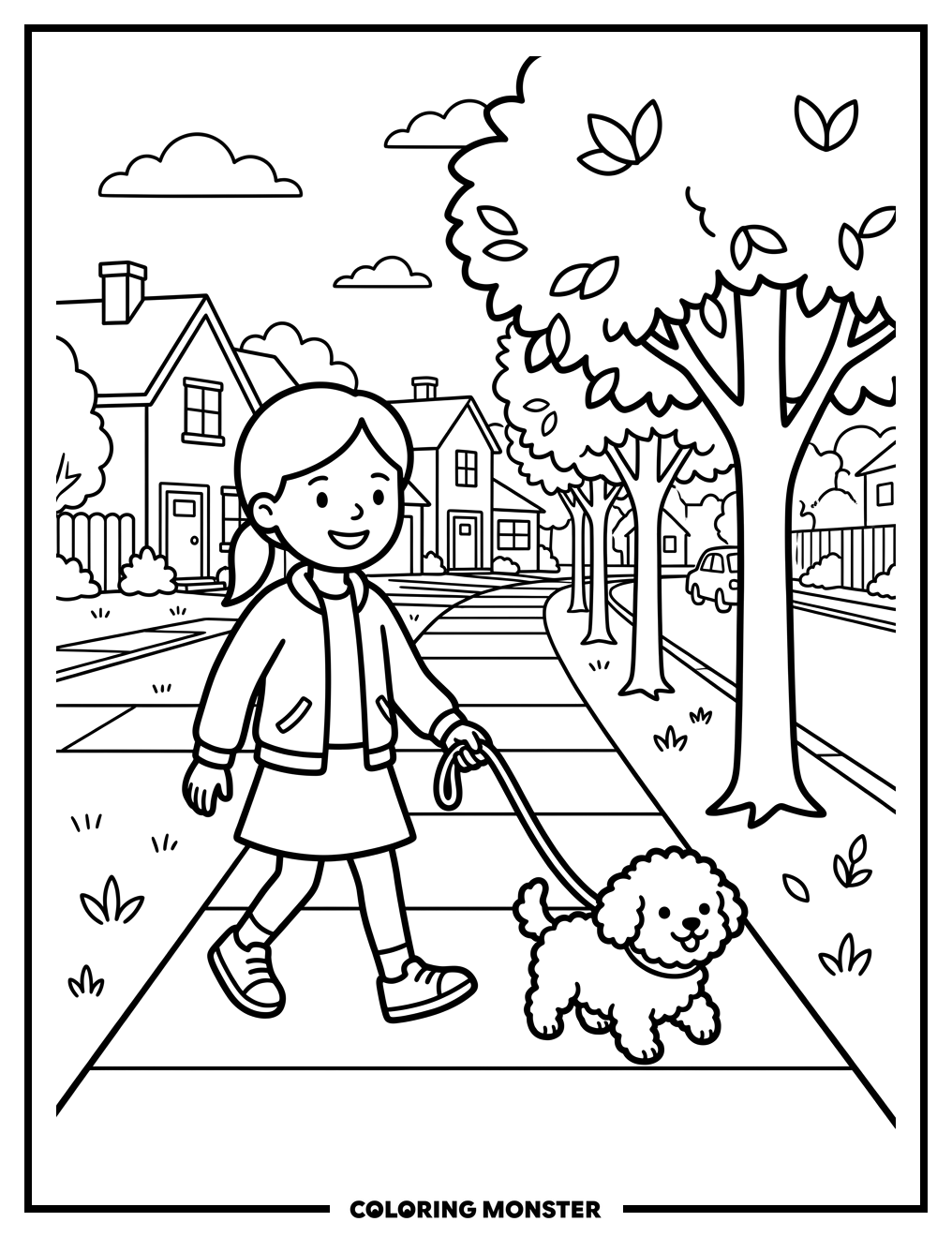 Girl Walking Fluffy Dog Coloring Page