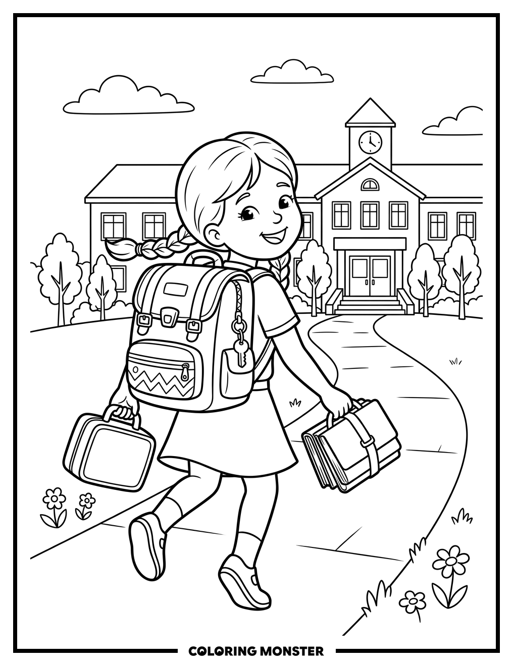 Girl Walking to School Coloring Page