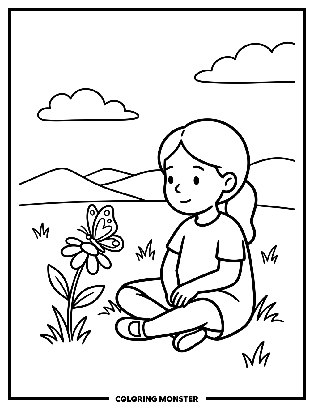 Girl Watching Butterfly in Field Coloring Page
