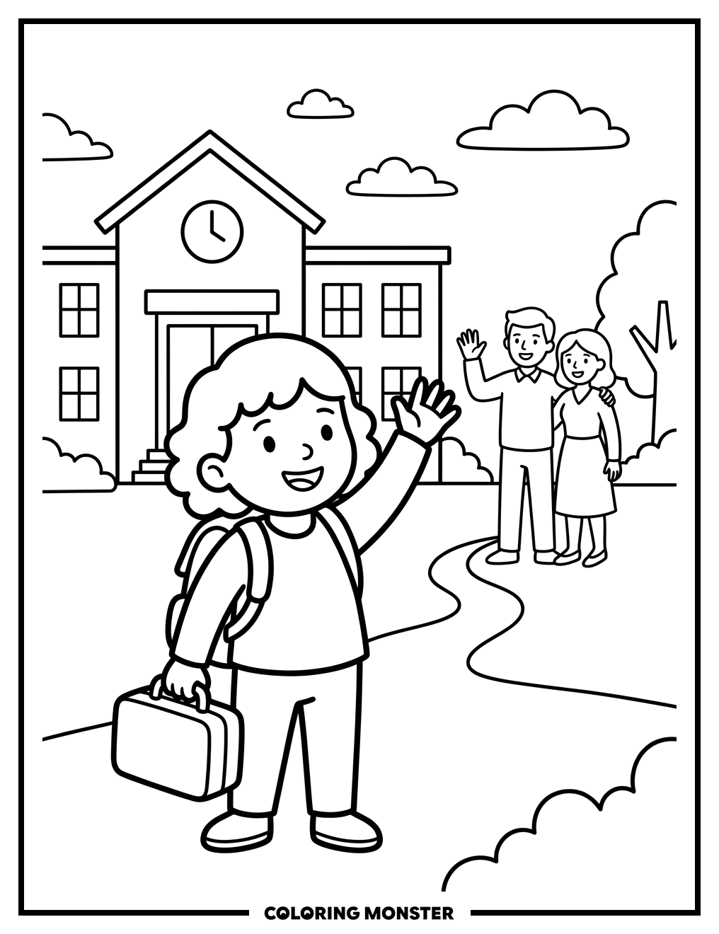 Girl Waving Goodbye At School Coloring Page