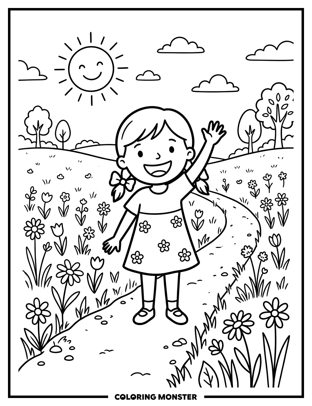 Girl Waving Goodbye in Sunny Meadow Coloring Page