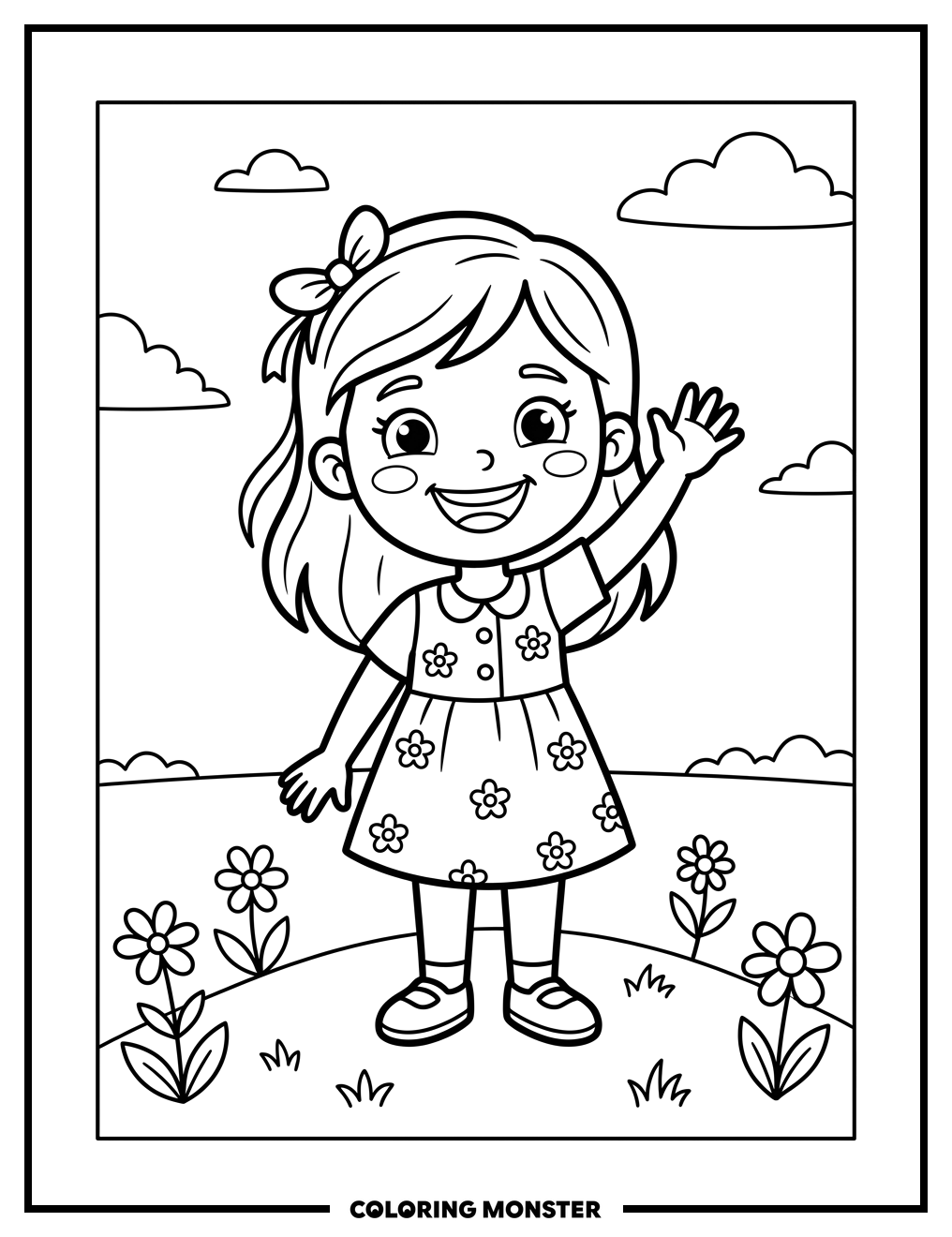 Girl Waving Hello Coloring Page