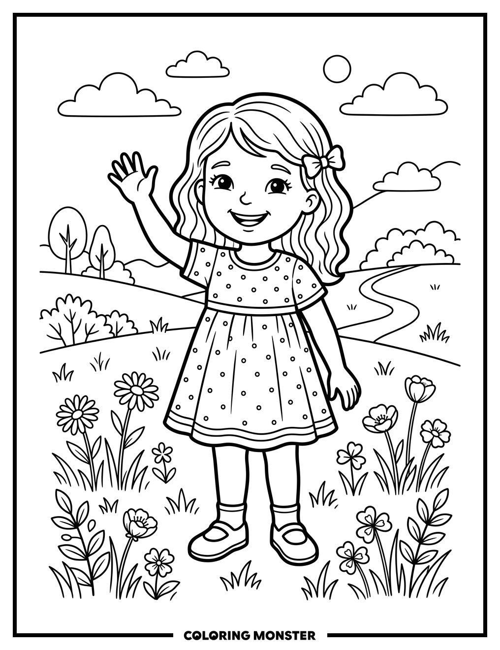 Girl Waving in a Meadow Coloring Page