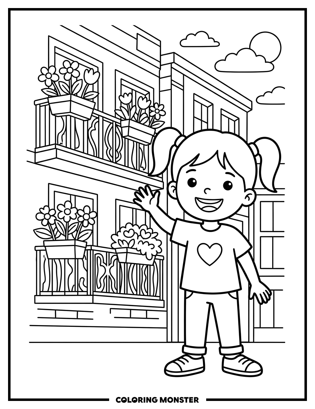 Girl Waving in Front of Ornate Building Coloring Page