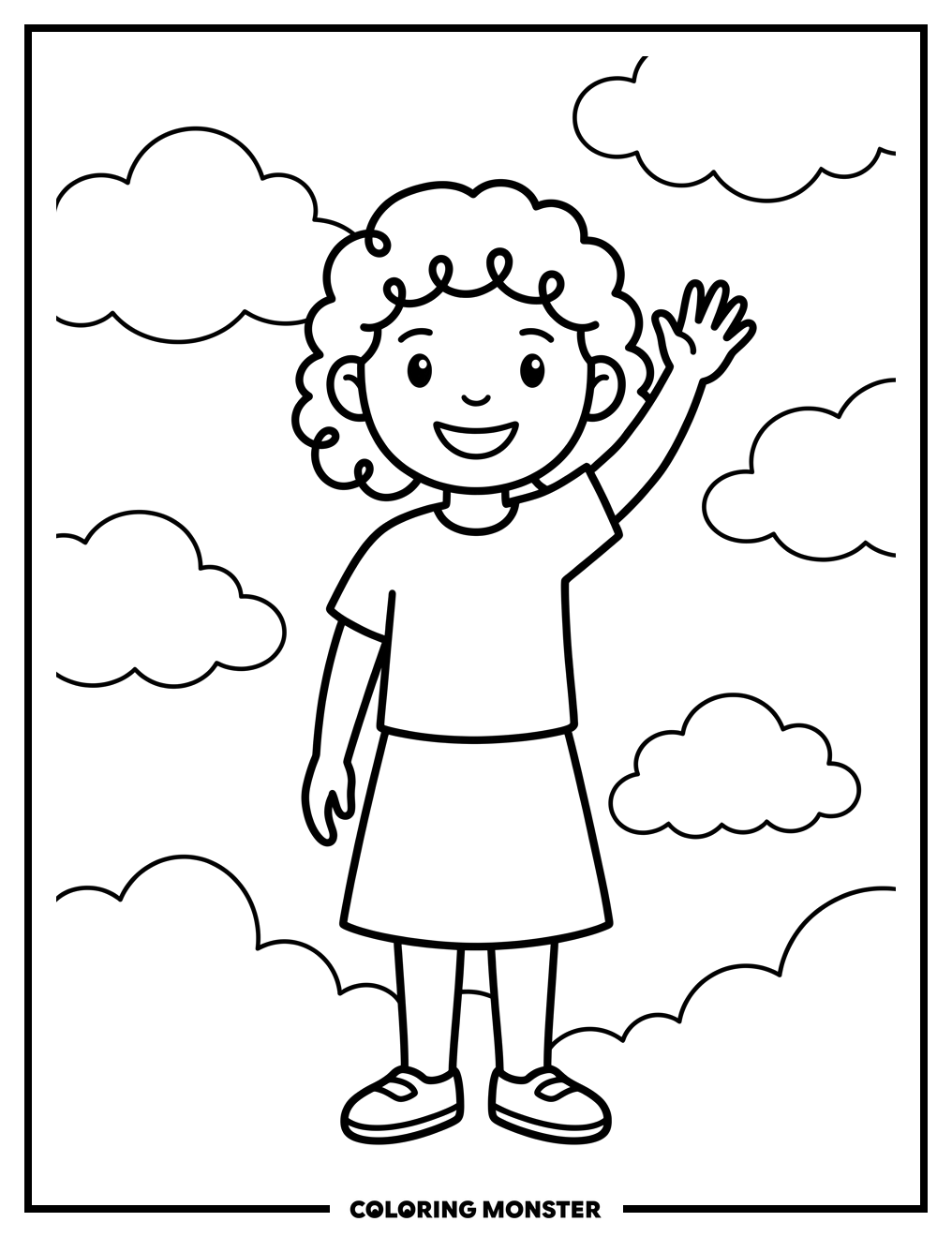 Girl Waving In The Clouds Coloring Page