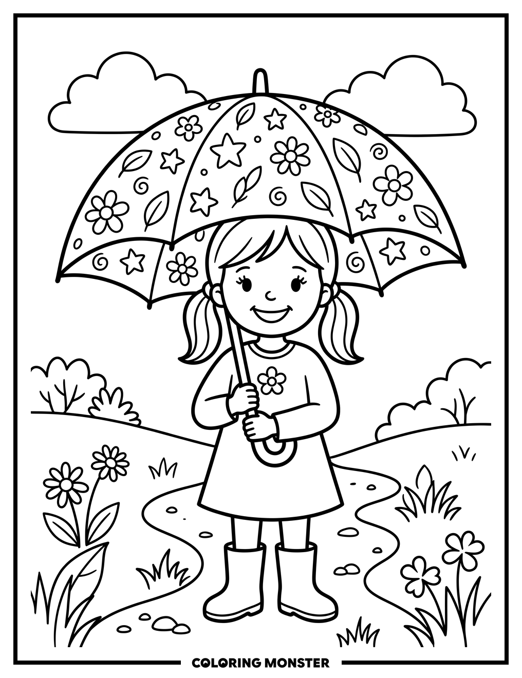 Girl With A Patterned Umbrella Coloring Page
