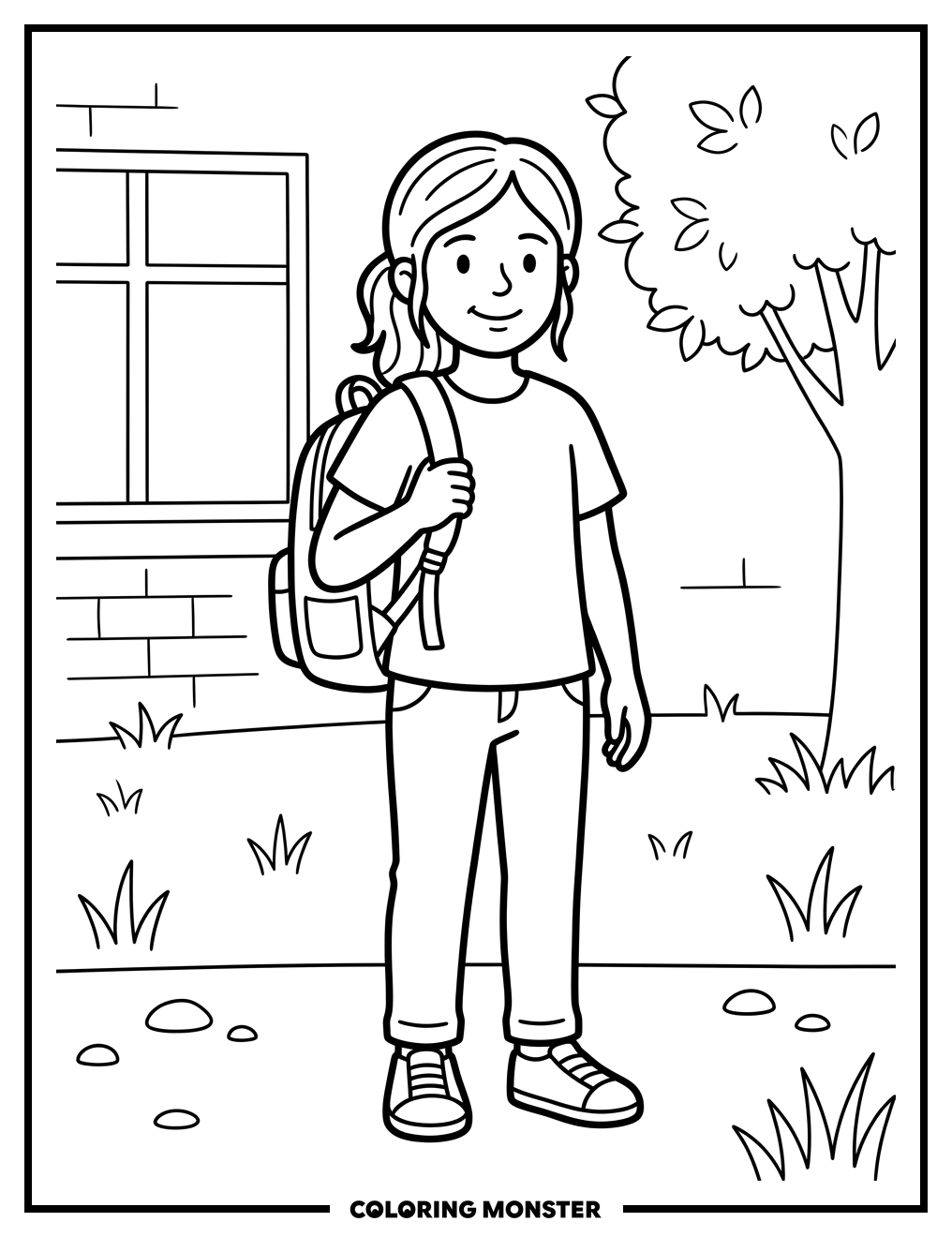 Girl With Backpack On Shoulder Coloring Page
