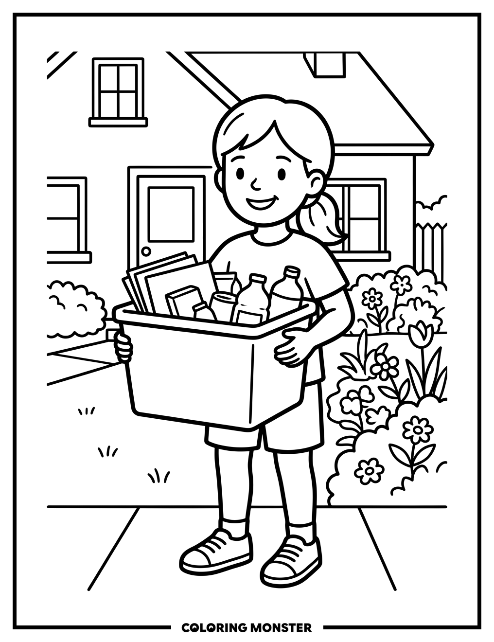 Girl With Blue Recycling Bin Coloring Page