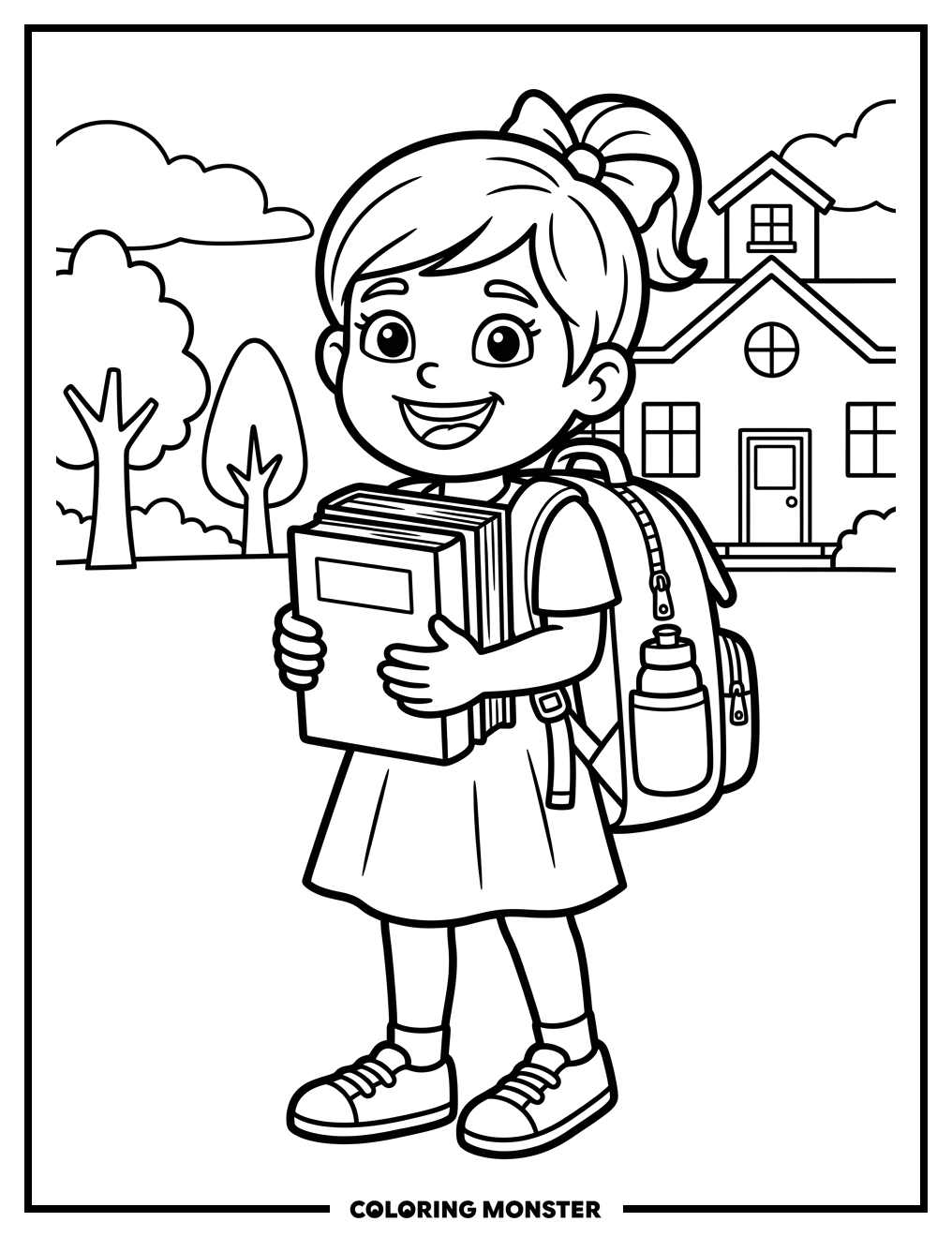 Girl With Books Ready For School Coloring Page
