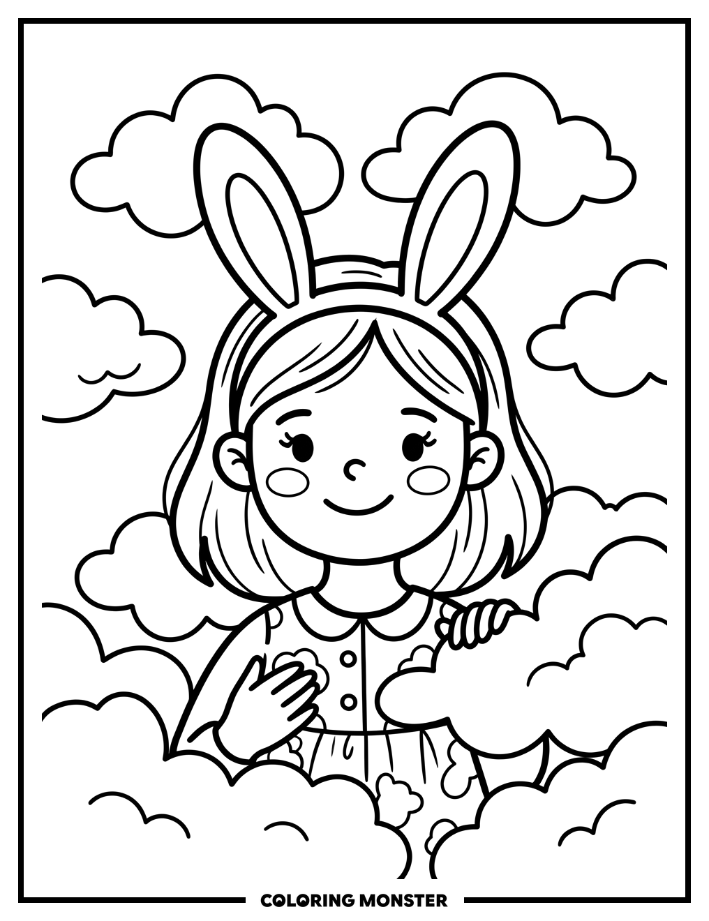 Girl with Bunny Ears and Clouds Coloring Page