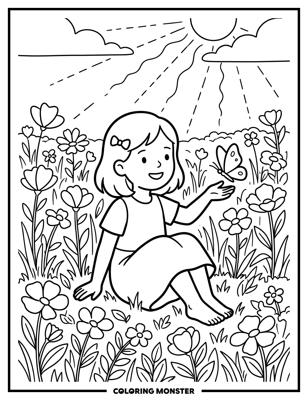 Girl With Butterfly in Flower Field Coloring Page