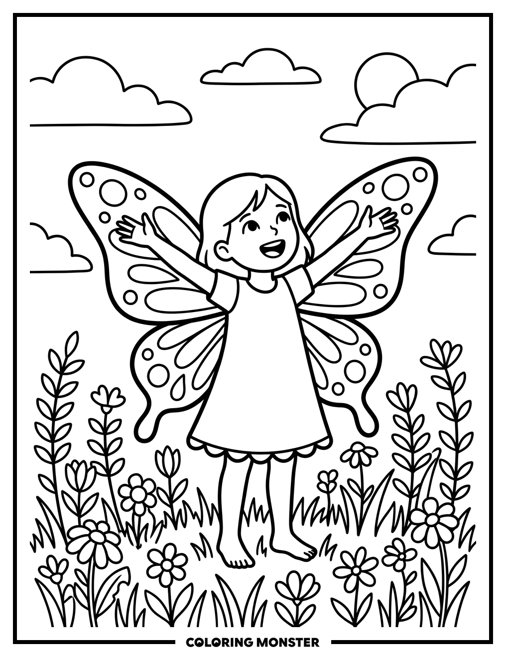 Girl With Butterfly Wings in Flower Field Coloring Page