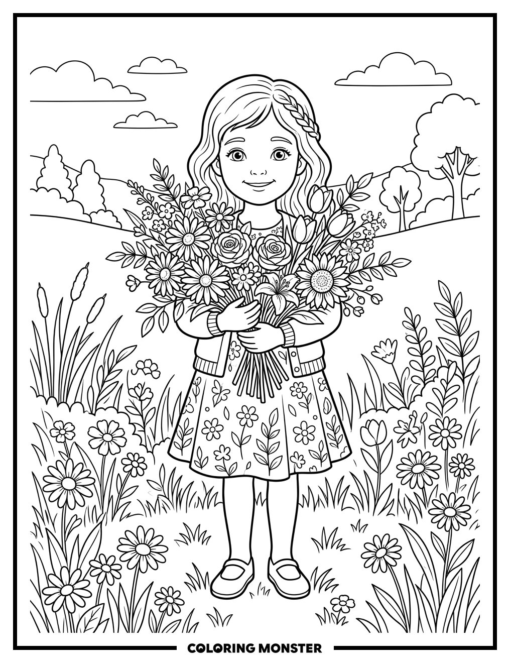 Girl With Flower Bouquet Coloring Page