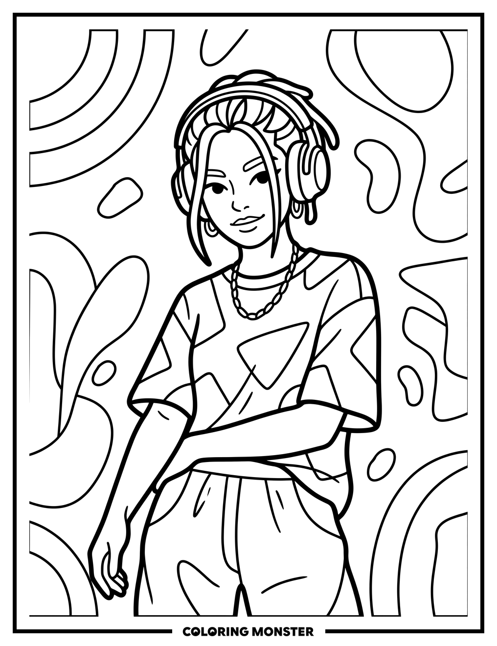 Girl With Headphones Posing Coloring Page