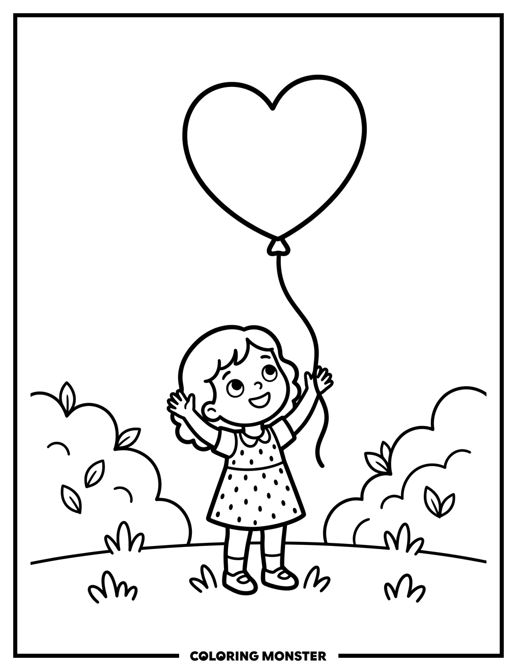 Girl With Heart Balloon Coloring Page