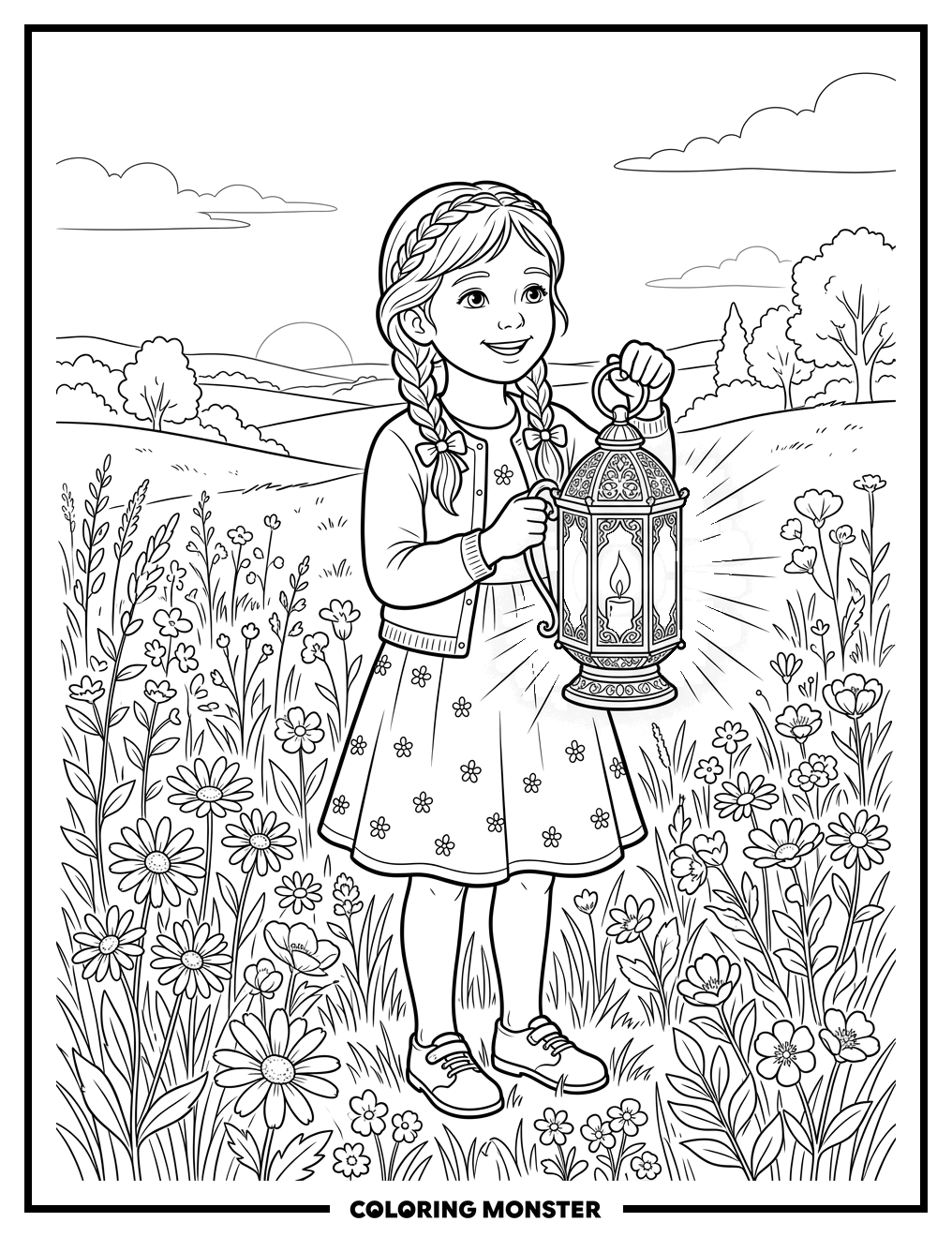 Girl With Lantern In Flower Field