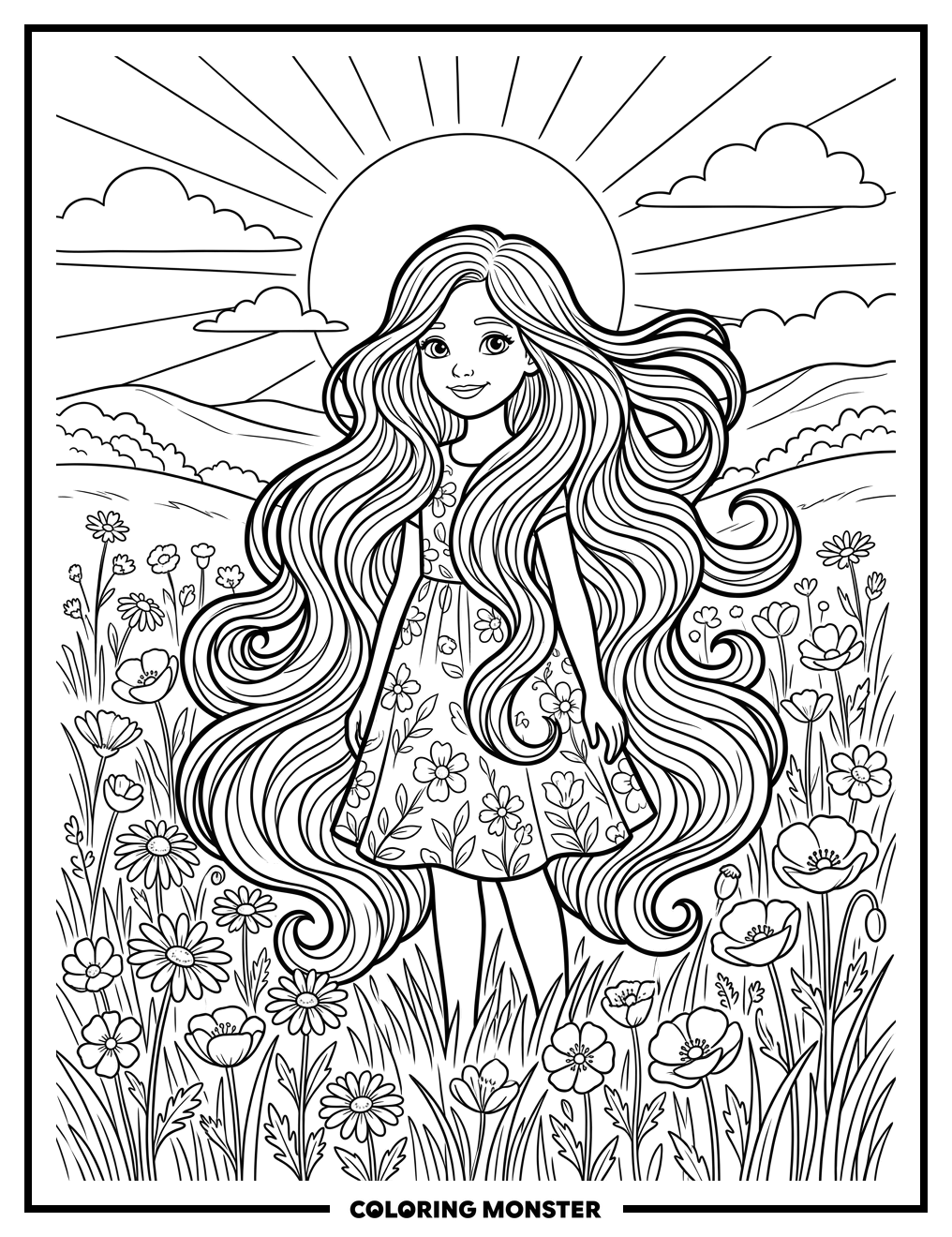 Girl With Long Hair In Meadow Coloring Page