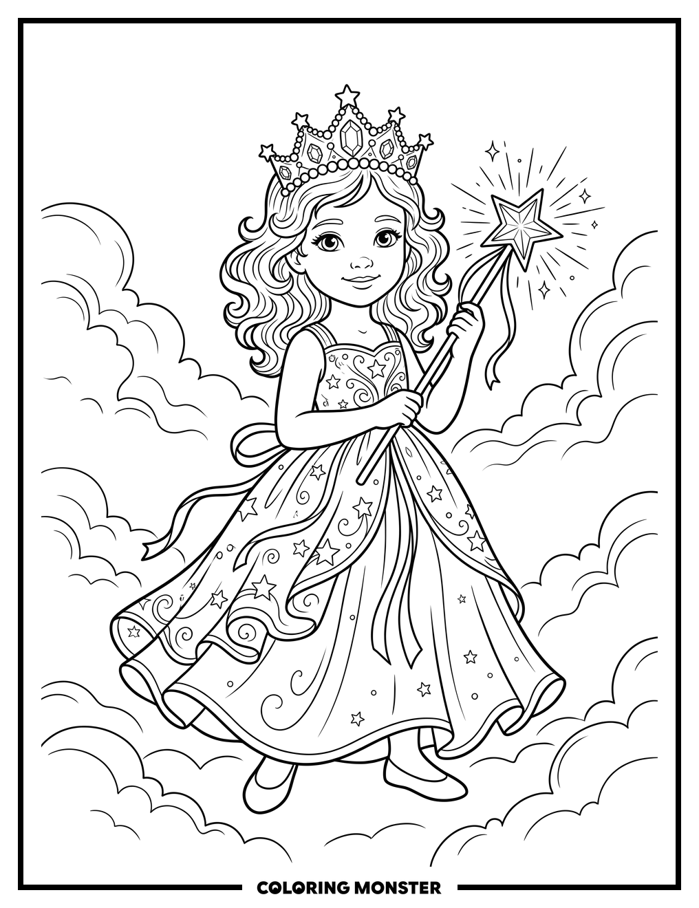 Girl With Magic Wand and Crown Coloring Page