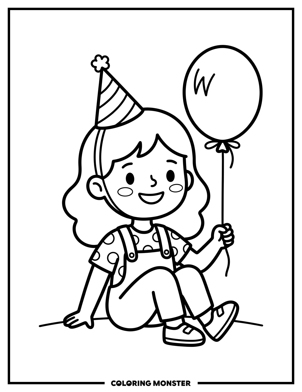 Girl with Party Hat and Balloon Coloring Page