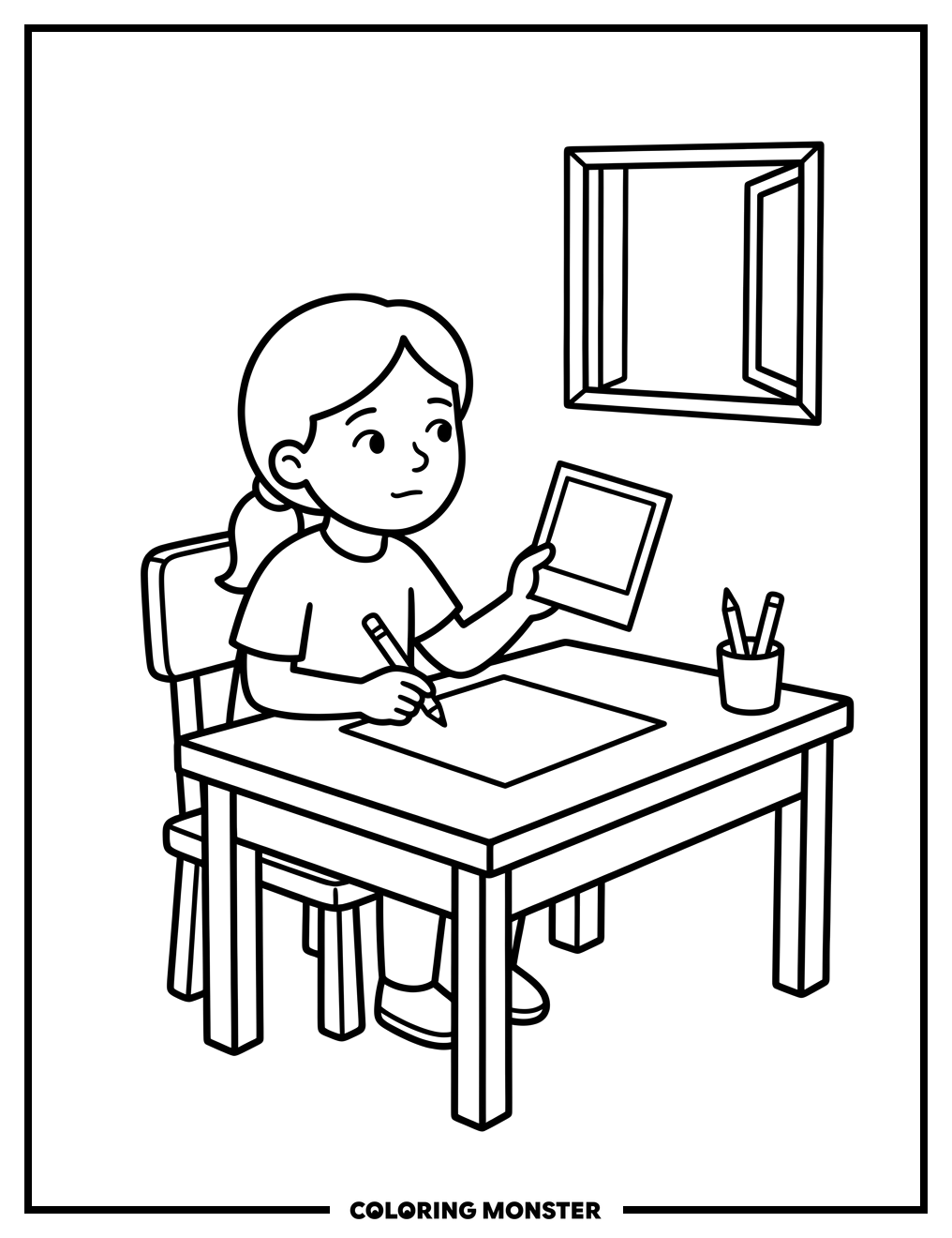 Girl With Photograph At Desk Coloring Page