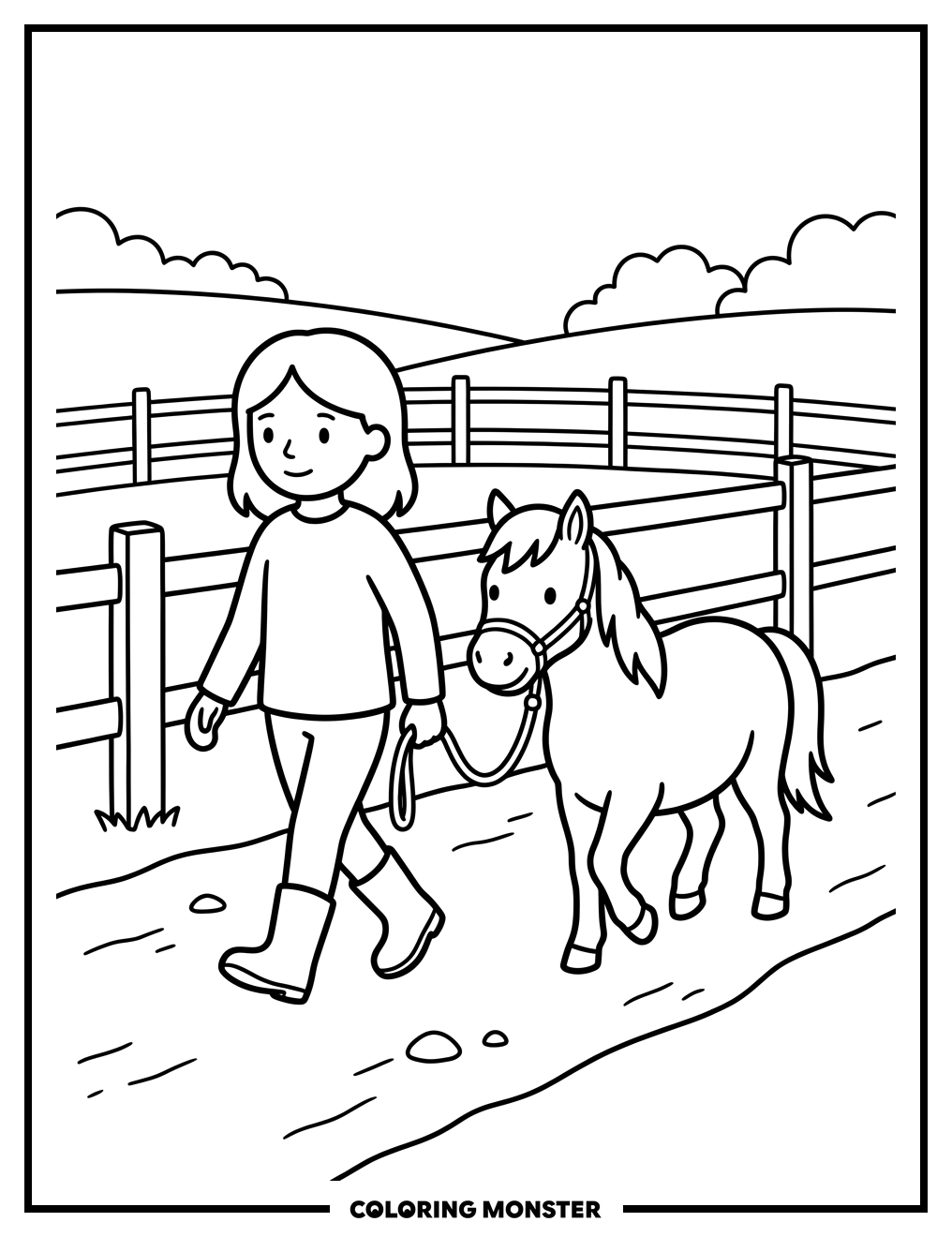 Girl With Pony In Paddock Coloring Page