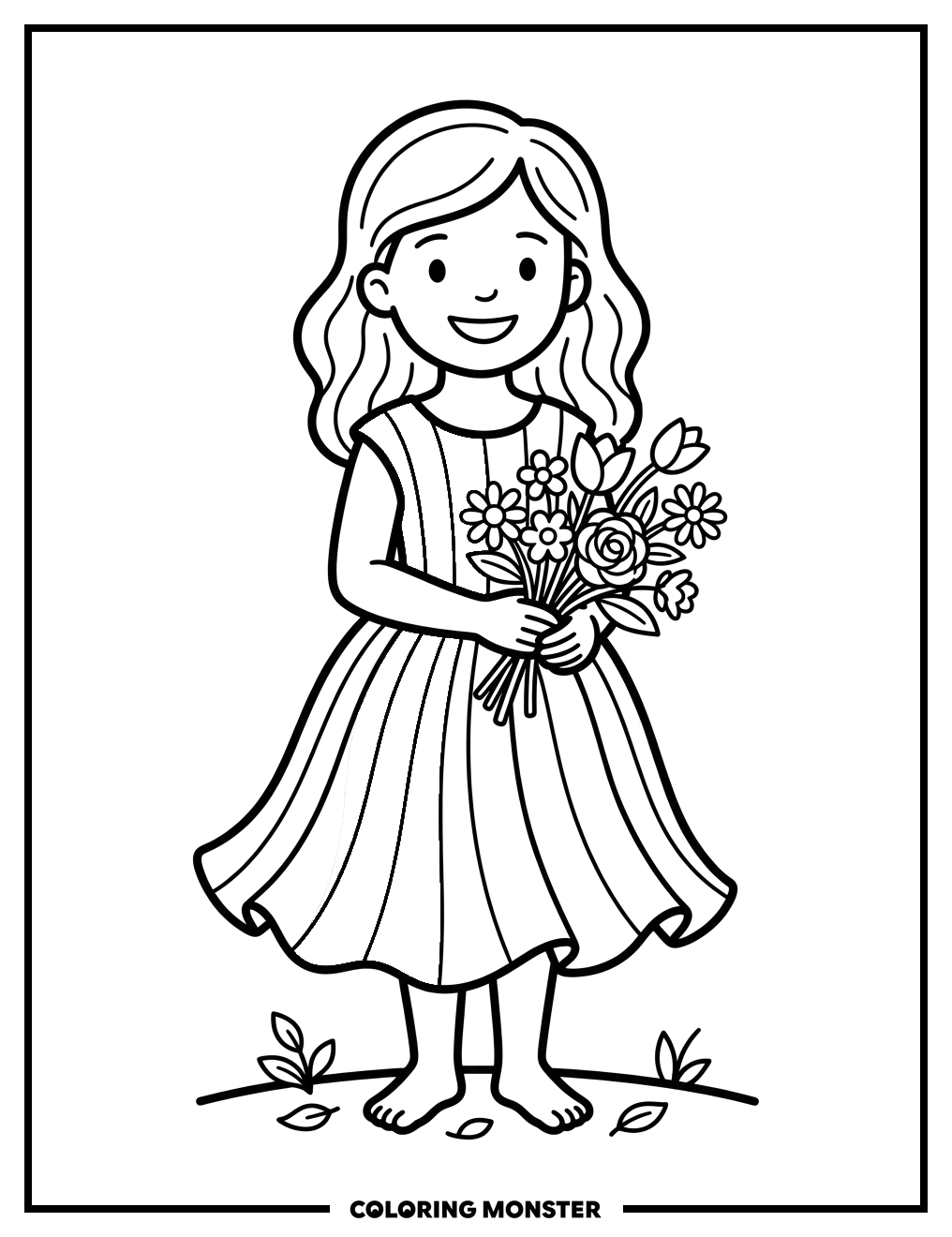 Girl With Rainbow Dress and Flowers Coloring Page