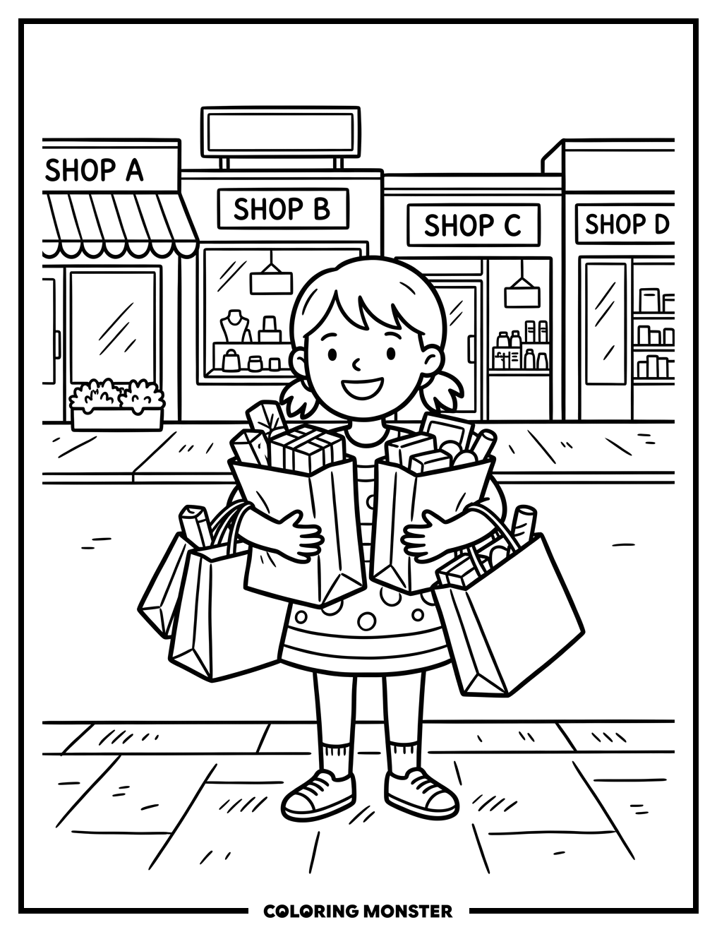 Girl With Shopping Bags Coloring Page