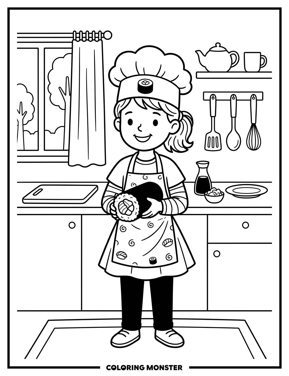 Girl With Sushi Roll Coloring Page