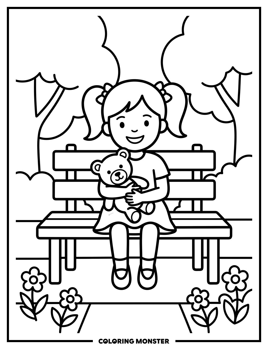Girl With Teddy Bear On Park Bench Coloring Page