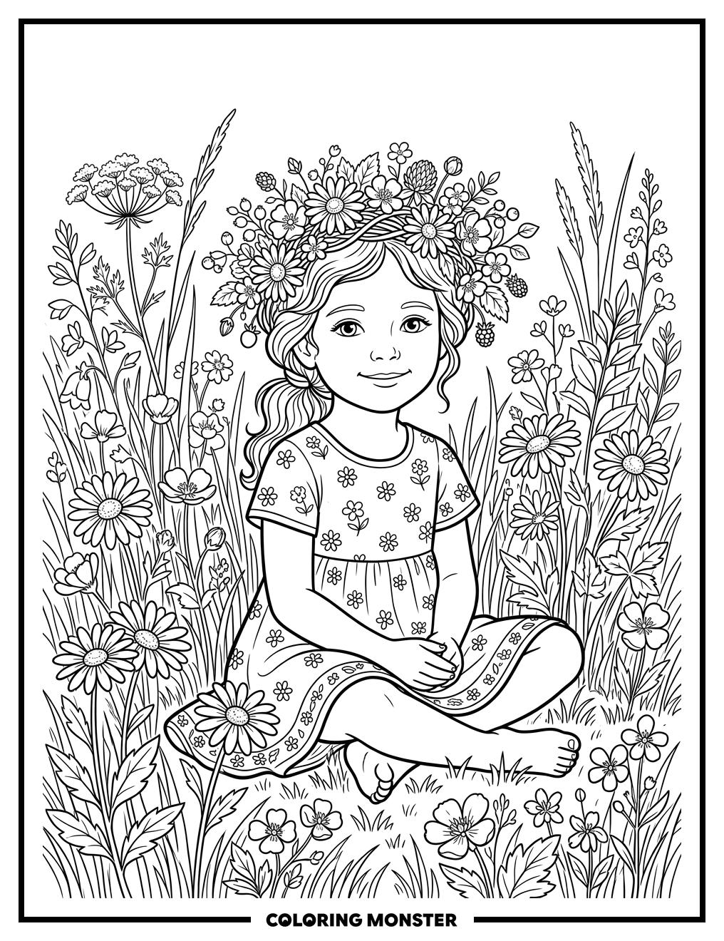 Girl With Wildflower Crown in Meadow Coloring Page