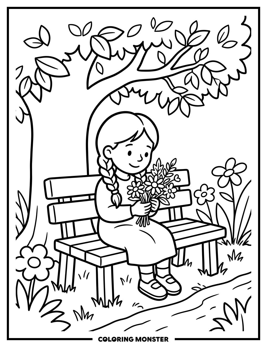 Girl with Wildflowers in Park Coloring Page